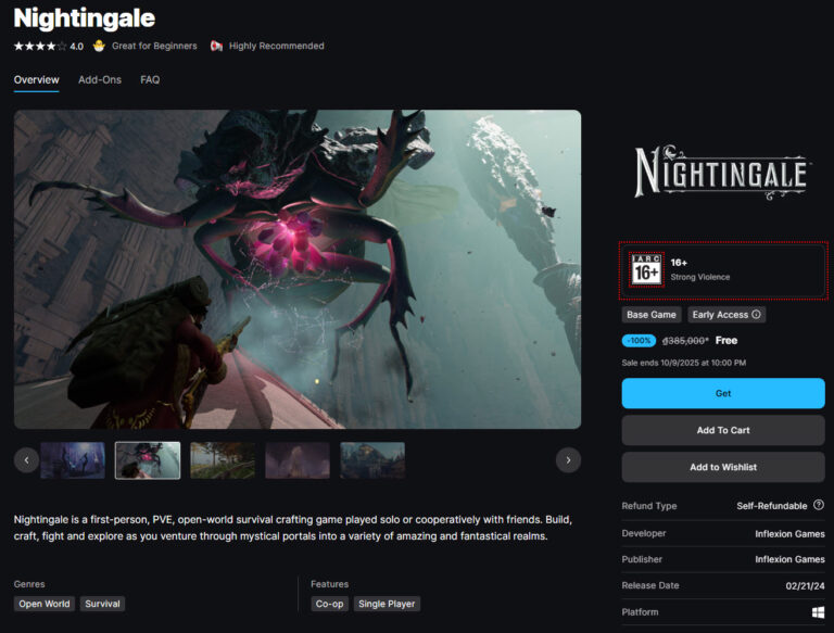 Nightingale license FREE, Bản quyền game sinh tồn trị giá 385k miễn phí