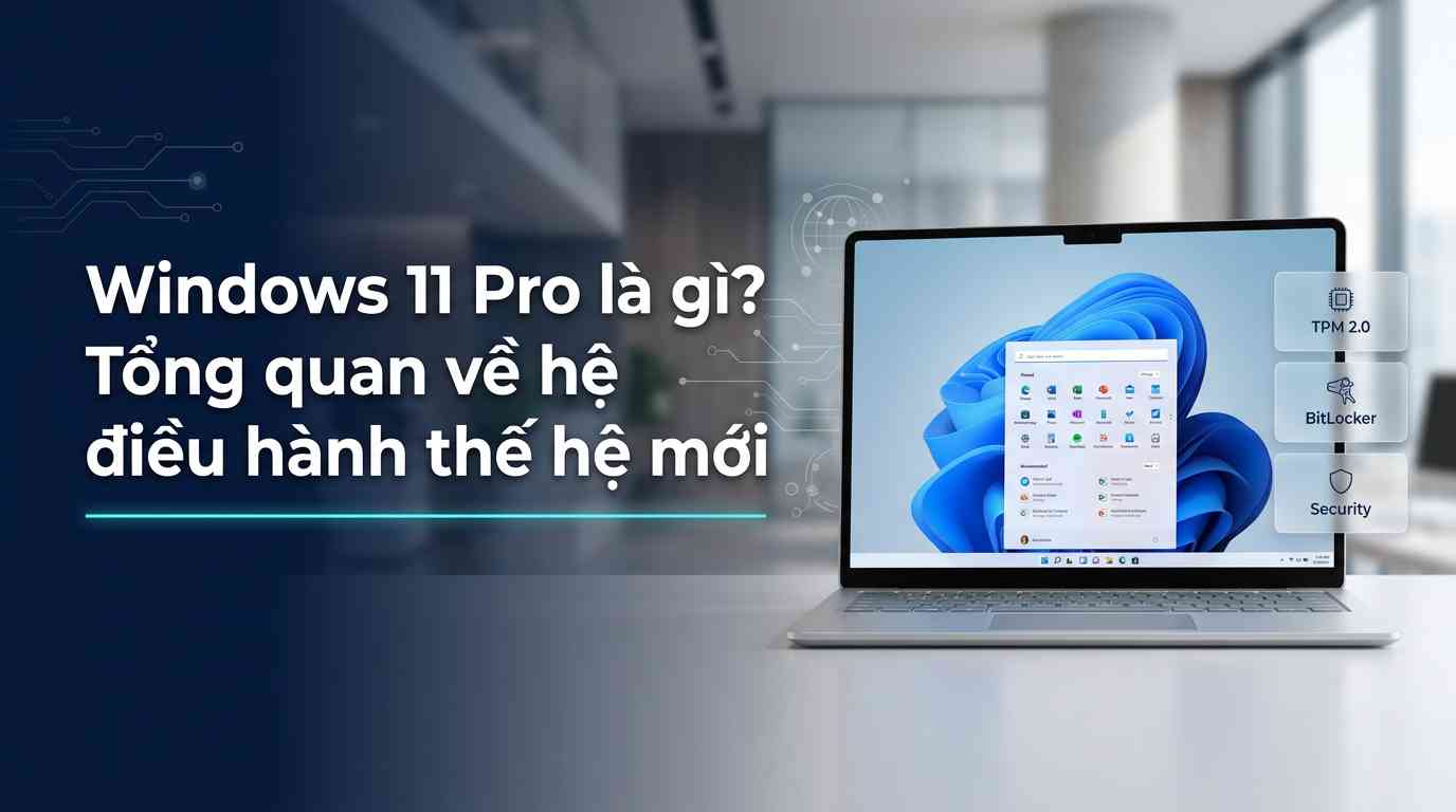 Create a premium Vietnamese editorial article illustration for the topic: "WINDOWS 11 PRO LÀ GÌ? TỔNG QUAN VỀ HỆ ĐIỀU HÀNH THẾ HỆ MỚI"

- layout/aspect ratio: 16:9 wide horizontal editorial banner.
- background: A minimalist, high-end modern workspace with a soft-focus blurred corporate office background, featuring clean lines and natural lighting.
- main visual: A sleek, premium silver laptop positioned on the right side of the frame, displaying the Windows 11 Pro desktop interface with its signature blue "Bloom" wallpaper and centered taskbar.
- optional small labels/info boxes: Floating translucent glassmorphism UI cards near the laptop showing subtle icons for "TPM 2.0", "BitLocker", and "Security".
- headline placement and typography: Left-aligned on the left third of the image, using bold, clean, modern sans-serif typography in white for the headline "Windows 11 Pro là gì? Tổng quan về hệ điều hành thế hệ mới".
- supporting line: A subtle, thin glowing cyan horizontal line placed directly under the main headline to separate it from the background.
- subtle vector support graphics: Faint, elegant digital circuit patterns and abstract data nodes floating in the negative space to symbolize advanced technology and connectivity.
- color palette: Dominant Microsoft blue, deep navy, crisp white, and soft silver accents with translucent glass effects.
- overall mood: Professional, secure, cutting-edge, and highly trustworthy.
- important composition rules: Rule of thirds with the laptop on the right and text on the left, high-end commercial photography style, shallow depth of field, and clean negative space for maximum readability.