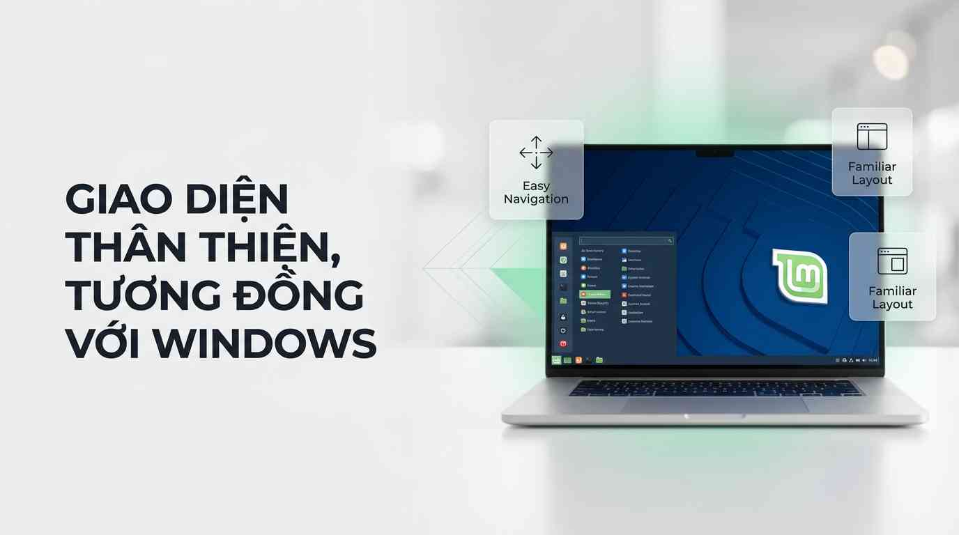 Create a premium Vietnamese editorial article illustration for the topic: "GIAO DIỆN THÂN THIỆN, TƯƠNG ĐỒNG VỚI WINDOWS". Layout: Wide horizontal 16:9 aspect ratio suitable for an inline article image. Background: A clean, minimalist, high-end modern workspace with soft bokeh, featuring a neutral gray and white color palette with natural soft lighting. Main visual: A sleek, premium silver ultrabook positioned on the right side of the frame, its screen clearly displaying a Linux Mint Cinnamon desktop interface that highlights a familiar bottom taskbar, a start menu button in the bottom-left corner, and organized system icons in the bottom-right, mimicking a Windows-like layout. Headline placement and typography: The Vietnamese headline "GIAO DIỆN THÂN THIỆN, TƯƠNG ĐỒNG VỚI WINDOWS" is left-aligned in the negative space on the left, using a bold, modern, clean sans-serif typeface in dark charcoal. Optional small info boxes: Two subtle glassmorphism floating cards near the laptop with thin line icons representing "Easy Navigation" and "Familiar Layout". Subtle vector support graphics: Faint geometric lines and soft mint green gradients connecting the text to the laptop. Color palette: Dominant mint green (#87CF3E) accents, balanced with professional deep blues, whites, and soft grays. Overall mood: Trustworthy, modern, sophisticated, and extremely user-friendly. Composition rules: Rule of thirds with the main subject on the right, balanced by clean typography on the left, high-quality photography style, sharp focus on the screen, premium editorial aesthetic.