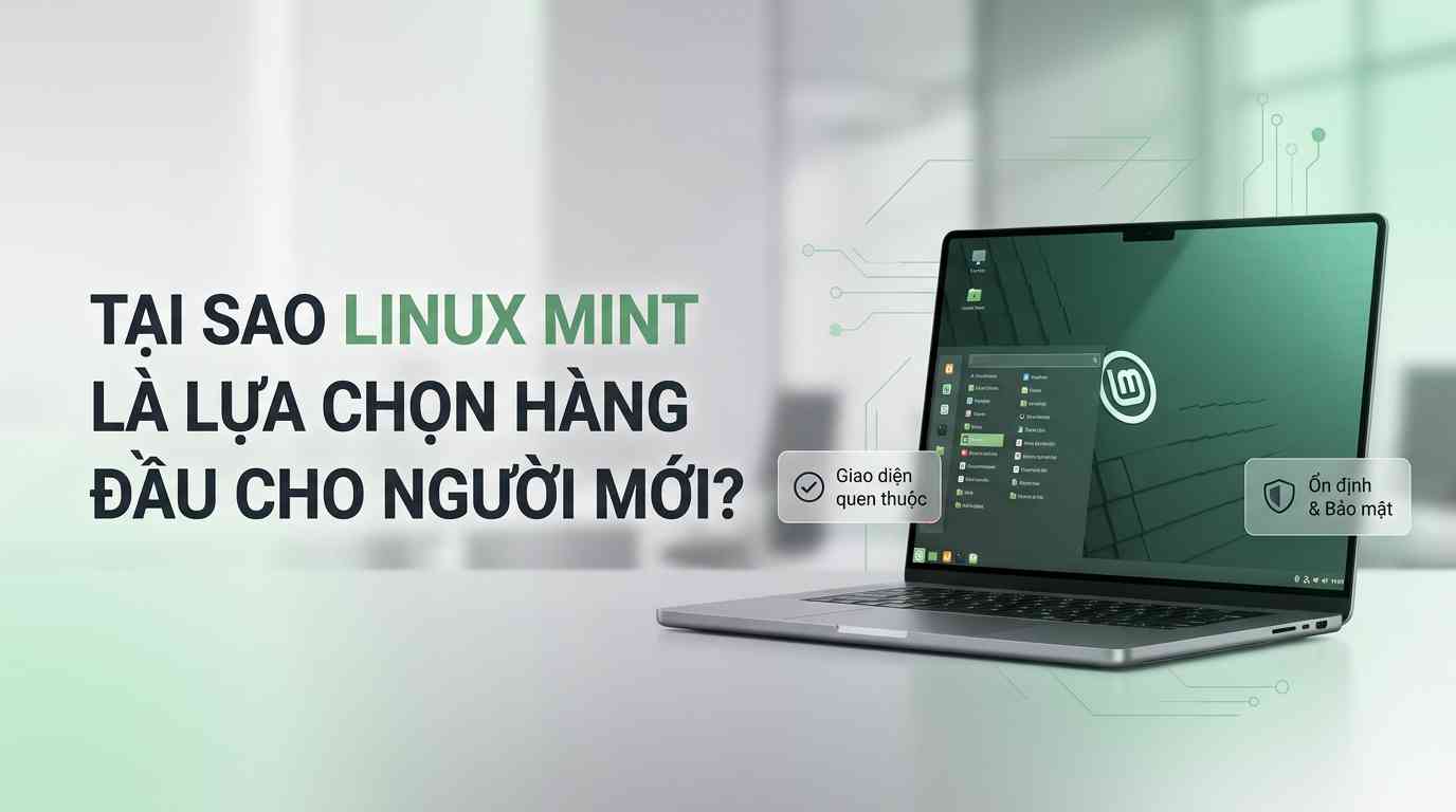 Create a premium Vietnamese editorial article illustration for the topic: "TẠI SAO LINUX MINT LÀ LỰA CHỌN HÀNG ĐẦU CHO NGƯỜI MỚI?"

Layout/Aspect Ratio: Wide horizontal 16:9 editorial banner, optimized for high-end web display.

Background: A clean, minimalist modern workspace with a soft-focus professional office setting. The background features a sophisticated blend of neutral grey and soft white tones with subtle mint green light leaks to create depth.

Main Visual: On the right side of the frame, a sleek, high-end bezel-less laptop displays a vibrant and polished Linux Mint Cinnamon desktop interface. The screen clearly shows the familiar taskbar and a clean, organized desktop environment that evokes a sense of "out-of-the-box" readiness.

Headline Placement and Typography: The headline "TẠI SAO LINUX MINT LÀ LỰA CHỌN HÀNG ĐẦU CHO NGƯỜI MỚI?" is positioned on the left side in the negative space. Use a bold, modern, and clean sans-serif typeface. The text is left-aligned, colored in deep charcoal with subtle mint green accents for key emphasis.

Optional small labels/info boxes: Two small, elegant floating glassmorphism cards near the laptop. One card features a simple "Checkmark" icon with the text "Giao diện quen thuộc", and the other features a "Shield" icon with the text "Ổn định & Bảo mật".

Subtle vector support graphics: Minimalist, thin geometric lines and abstract tech-inspired nodes in soft mint green floating subtly in the background to reinforce the software/OS theme.

Color Palette: A premium palette of Mint Green (#87CF3E), Slate Grey, Deep Charcoal, and Crisp White, creating a trustworthy and professional tech aesthetic.

Overall Mood: Clean, modern, premium, and highly accessible. The image should feel like a high-quality tech magazine feature that is welcoming to beginners.

Important Composition Rules: Follow the rule of thirds with the main subject on the right and text on the left. Ensure high contrast between the text and background for readability. Use shallow depth of field to keep the focus on the laptop and the headline. No cluttered elements, maintaining a "less is more" editorial philosophy.