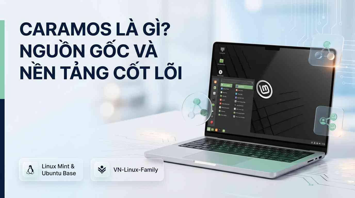 Create a premium Vietnamese editorial article illustration for the topic: "CARAMOS LÀ GÌ? NGUỒN GỐC VÀ NỀN TẢNG CỐT LÕI". Layout: Wide horizontal 16:9 aspect ratio suitable for an inline article image. Background: A clean, minimalist high-tech workspace with a soft-focus bokeh effect, featuring subtle digital circuit patterns and light blue gradients. Main visual: A sleek, modern laptop positioned on the right side of the frame, displaying a sophisticated Linux desktop interface with a Cinnamon-style taskbar and modern Vietnamese localized icons. Floating near the laptop are elegant, translucent 3D glassmorphism elements representing open-source nodes and community connectivity. Headline placement: The headline "CARAMOS LÀ GÌ? NGUỒN GỐC VÀ NỀN TẢNG CỐT LÕI" is left-aligned in the upper-left area, using a bold, premium sans-serif typography in white. Info boxes: Two small, semi-transparent glassmorphism info boxes at the bottom left with minimalist icons representing "Linux Mint & Ubuntu Base" and "VN-Linux-Family". Color palette: Deep navy blue, professional mint green, and clean silver with subtle warm light accents. Mood: Trustworthy, innovative, and highly professional. Composition rules: Rule of thirds, balanced negative space on the left for text readability, sharp focus on the laptop screen, and a high-end commercial photography aesthetic.