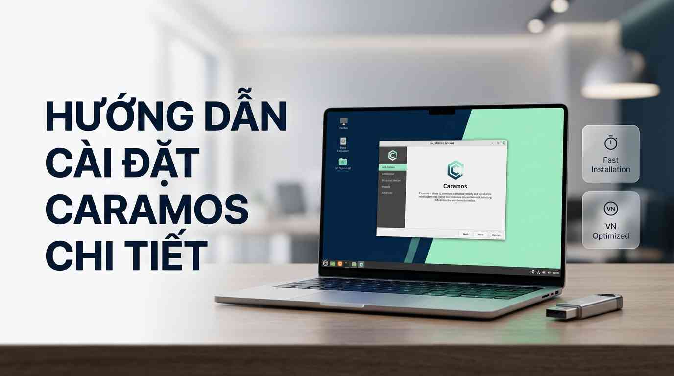 Create a premium Vietnamese editorial article illustration for the topic: "HƯỚNG DẪN CÀI ĐẶT CARAMOS CHI TIẾT". Layout: 16:9 wide horizontal aspect ratio, clean editorial composition. Background: A minimalist, high-end modern tech workspace with a soft-focus blurred office interior and elegant ambient lighting. Main visual: A sleek, bezel-less laptop on a wooden desk displaying a sophisticated Linux Cinnamon desktop interface with a stylized installation wizard window; a premium metallic USB flash drive is placed neatly beside the laptop. Headline placement: Large, bold, modern sans-serif typography "HƯỚNG DẪN CÀI ĐẶT CARAMOS CHI TIẾT" left-aligned on the left third of the image with high contrast. Info boxes: Two small, subtle translucent glassmorphism floating boxes on the right side containing minimal icons representing "Fast Installation" and "VN Optimized". Color palette: A professional blend of deep tech blue, mint green highlights, and clean white. Mood: Trustworthy, modern, premium, and highly accessible. Composition rules: Rule of thirds, significant negative space around the headline for clarity, sharp focus on the laptop screen, cinematic depth of field.