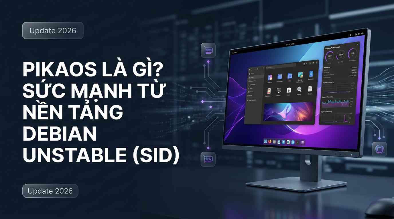 Create a premium Vietnamese editorial article illustration for the topic: "PIKAOS LÀ GÌ? SỨC MẠNH TỪ NỀN TẢNG DEBIAN UNSTABLE (SID)"

Layout: 16:9 wide horizontal editorial composition with a clean, professional balance.
Background: A sophisticated dark-themed tech environment featuring a subtle, out-of-focus digital grid and flowing data streams representing the "rolling release" nature of Debian Sid.
Main Visual: A high-end, futuristic workstation monitor displaying a sleek, modern Linux desktop environment with gaming performance overlays, system telemetry graphs, and a vibrant wallpaper. The hardware looks premium and cutting-edge, reflecting 2026 technology.
Headline Placement and Typography: The headline "PIKAOS LÀ GÌ? SỨC MẠNH TỪ NỀN TẢNG DEBIAN UNSTABLE (SID)" is positioned on the left side, using a bold, clean, modern sans-serif typeface in white with high legibility.
Info Boxes: A small, elegant glassmorphism floating badge in the corner with the text "Update 2026" in a minimalist font.
Supporting Graphics: Subtle vector circuit lines and glowing nodes connecting the OS interface to abstract hardware icons, symbolizing the deep kernel tuning and driver optimization.
Color Palette: A professional mix of deep midnight blue, slate grey, and vibrant accents of electric violet and cyan to represent the "Pika" energy and gaming focus.
Overall Mood: High-tech, powerful, trustworthy, and bleeding-edge.
Composition Rules: Rule of thirds applied with the main visual on the right and text on the left, shallow depth of field to emphasize the OS interface, and ample negative space for a clean editorial aesthetic.