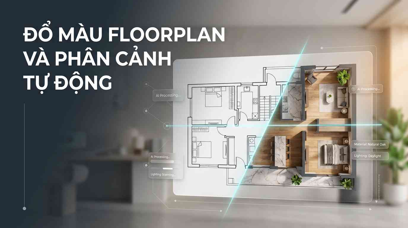 Create a premium Vietnamese editorial article illustration for the topic: "ĐỔ MÀU FLOORPLAN VÀ PHÂN CẢNH TỰ ĐỘNG"