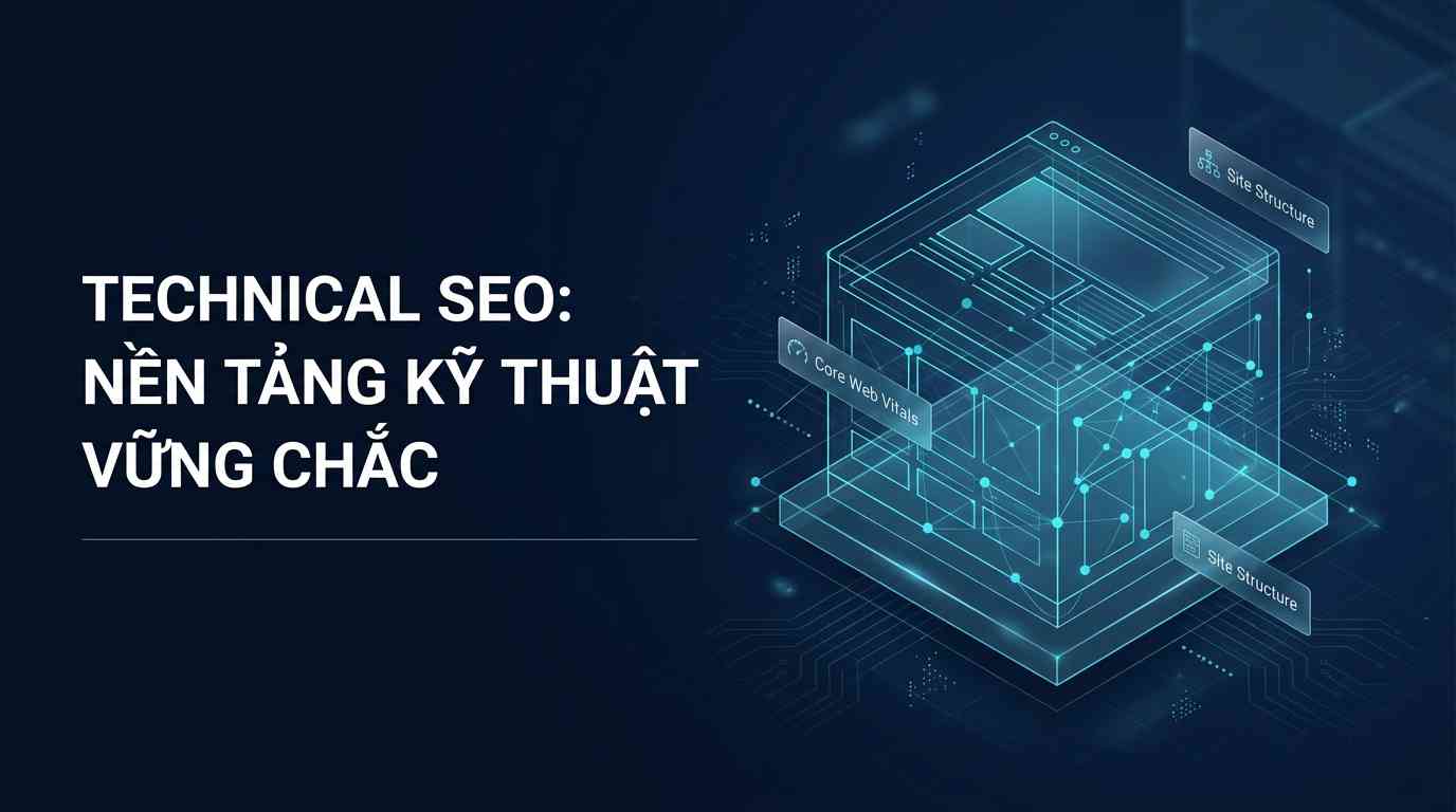 Create a premium Vietnamese editorial article illustration for the topic: "TECHNICAL SEO: NỀN TẢNG KỸ THUẬT VỮNG CHẮC". Layout: 16:9 aspect ratio, wide horizontal editorial thumbnail banner. Background: Minimalist and clean dark navy blue gradient with a subtle digital grid and soft depth-of-field effect. Main visual: A sophisticated 3D isometric architectural wireframe of a website structure, featuring glowing cyan lines, interconnected data nodes, and translucent glass layers representing a solid foundation. Optional small info boxes: Minimalist floating glassmorphism labels with subtle icons representing "Core Web Vitals" and "Site Structure" placed near the visual elements. Headline placement and typography: The headline "TECHNICAL SEO: NỀN TẢNG KỸ THUẬT VỮNG CHẮC" is positioned on the left side, using a bold, modern, high-end sans-serif typeface in crisp white, left-aligned. Supporting line: A very thin, subtle horizontal line beneath the headline for structural balance. Subtle vector support graphics: Faint circuit patterns and micro-data particles floating in the background to enhance the technical atmosphere. Color palette: A professional mix of deep midnight blue, electric cyan, and pure white. Overall mood: Trustworthy, stable, high-tech, and authoritative. Important composition rules: Rule of thirds with heavy emphasis on negative space on the left for the headline, ensuring a clean, premium editorial aesthetic without clutter.
