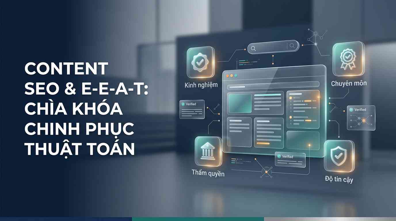 Create a premium Vietnamese editorial article illustration for the topic: "CONTENT SEO & E-E-A-T: CHÌA KHÓA CHINH PHỤC THUẬT TOÁN". The layout is a wide horizontal 16:9 aspect ratio with a clean, professional editorial composition. The background features a minimalist, high-end digital workspace with soft-focus architectural elements and a sophisticated gradient of deep navy and slate grey. The main visual consists of a sleek, 3D translucent glass interface displaying a structured content layout, surrounded by four elegant, glowing holographic icons representing Experience, Expertise, Authoritativeness, and Trustworthiness. Small, floating glass info boxes with subtle "Verified" checkmarks and data nodes are placed strategically to enhance the technical feel. The headline "CONTENT SEO & E-E-A-T: CHÌA KHÓA CHINH PHỤC THUẬT TOÁN" is positioned on the left side, using a bold, modern sans-serif typography in crisp white. Subtle vector support graphics, including thin geometric lines and abstract connectivity nodes, link the content elements to a stylized search bar icon. The color palette is a professional blend of Midnight Blue, Emerald Teal, and Metallic Silver, with warm amber accents for key highlights. The overall mood is trustworthy, sophisticated, and authoritative. Composition rules follow the rule of thirds with ample negative space to maintain a clean aesthetic, featuring sharp focus on the central 3D elements and a soft bokeh effect on the background.