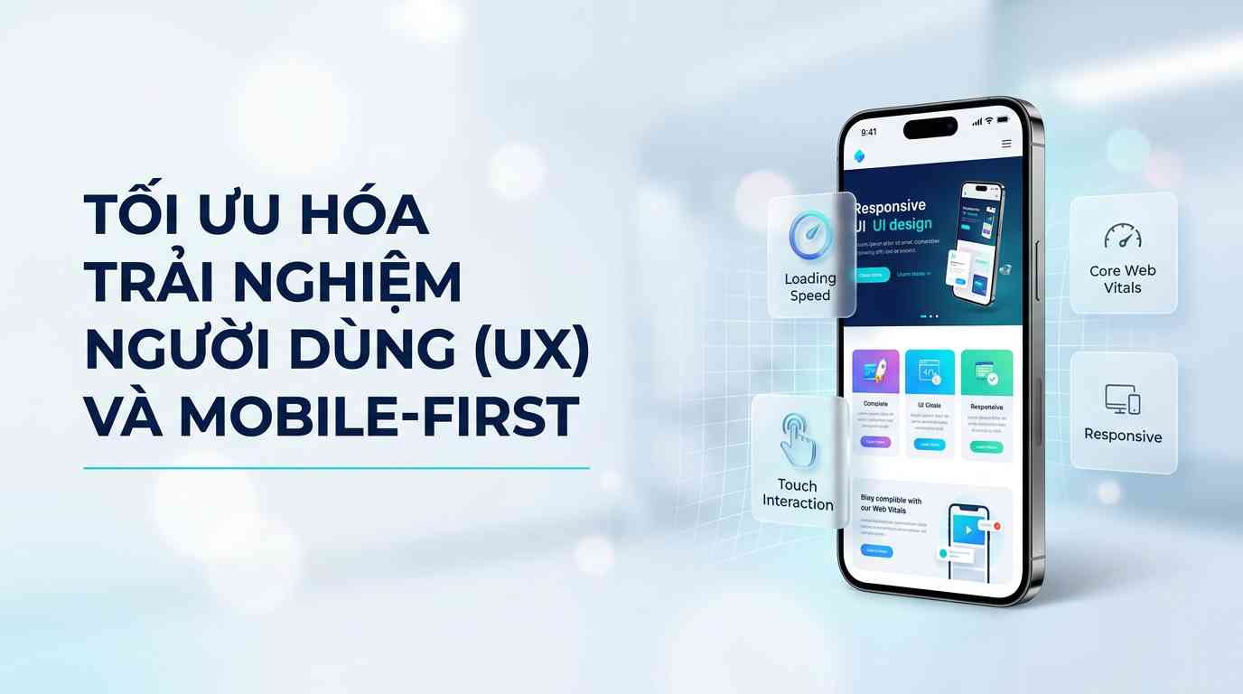 Create a premium Vietnamese editorial article illustration for the topic: "TỐI ƯU HÓA TRẢI NGHIỆM NGƯỜI DÙNG (UX) VÀ MOBILE-FIRST". Layout: 16:9 wide horizontal aspect ratio. Background: A clean, minimalist, and bright modern tech environment with a soft-focus depth of field, featuring subtle light blue and white gradients. Main visual: A high-end, bezel-less smartphone standing at a slight angle, displaying a sleek and responsive website interface with vibrant, user-friendly UI elements; floating 3D glassmorphism icons representing "Loading Speed" and "Touch Interaction" hover near the screen. Optional small info boxes: Two translucent, minimalist floating cards with tiny icons representing "Core Web Vitals" and "Responsive" placed subtly on the right side. Headline placement and typography: The headline "TỐI ƯU HÓA TRẢI NGHIỆM NGƯỜI DÙNG (UX) VÀ MOBILE-FIRST" is positioned on the left side, using a bold, clean, modern sans-serif typeface in dark navy blue. Supporting line: A thin, elegant cyan horizontal line underneath the headline. Subtle vector support graphics: Faint, futuristic grid patterns and soft light bokeh in the background to add depth. Color palette: A professional mix of deep navy, electric cyan, soft grey, and pure white. Overall mood: Clean, modern, premium, and highly trustworthy. Important composition rules: Rule of thirds applied, main visual on the right, headline left-aligned with ample negative space for a breathable, high-end editorial look. High-resolution, photorealistic textures with a digital art finish.