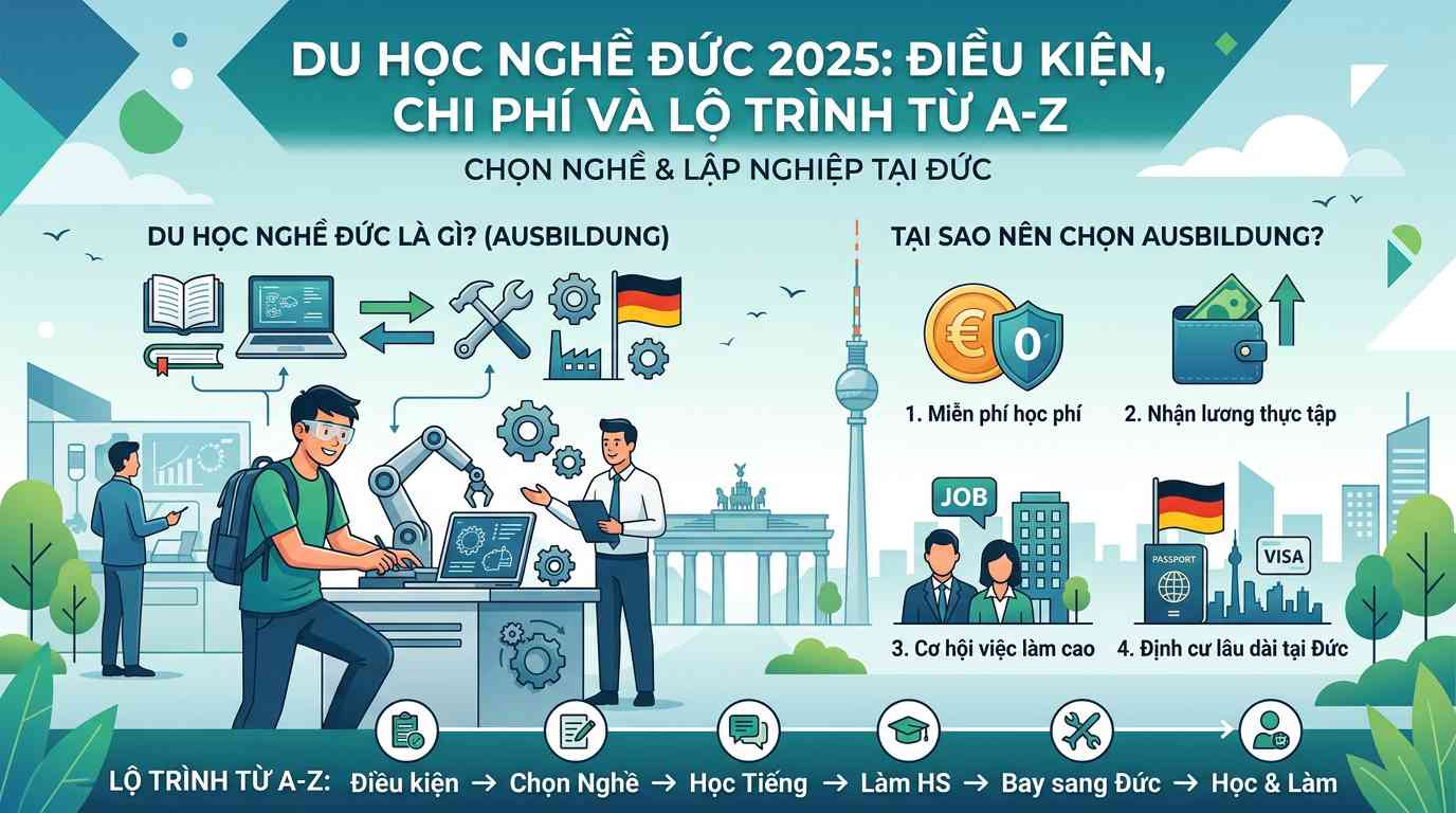 A professional, modern blog post illustration about: "Du học nghề Đức là gì? Tại sao nên chọn Ausbildung?", clean vector art style, minimalist, concept illustration, corporate colors, matching the theme of "Du học Nghề Đức 2025: Điều kiện, Chi phí và Lộ trình từ A-Z"