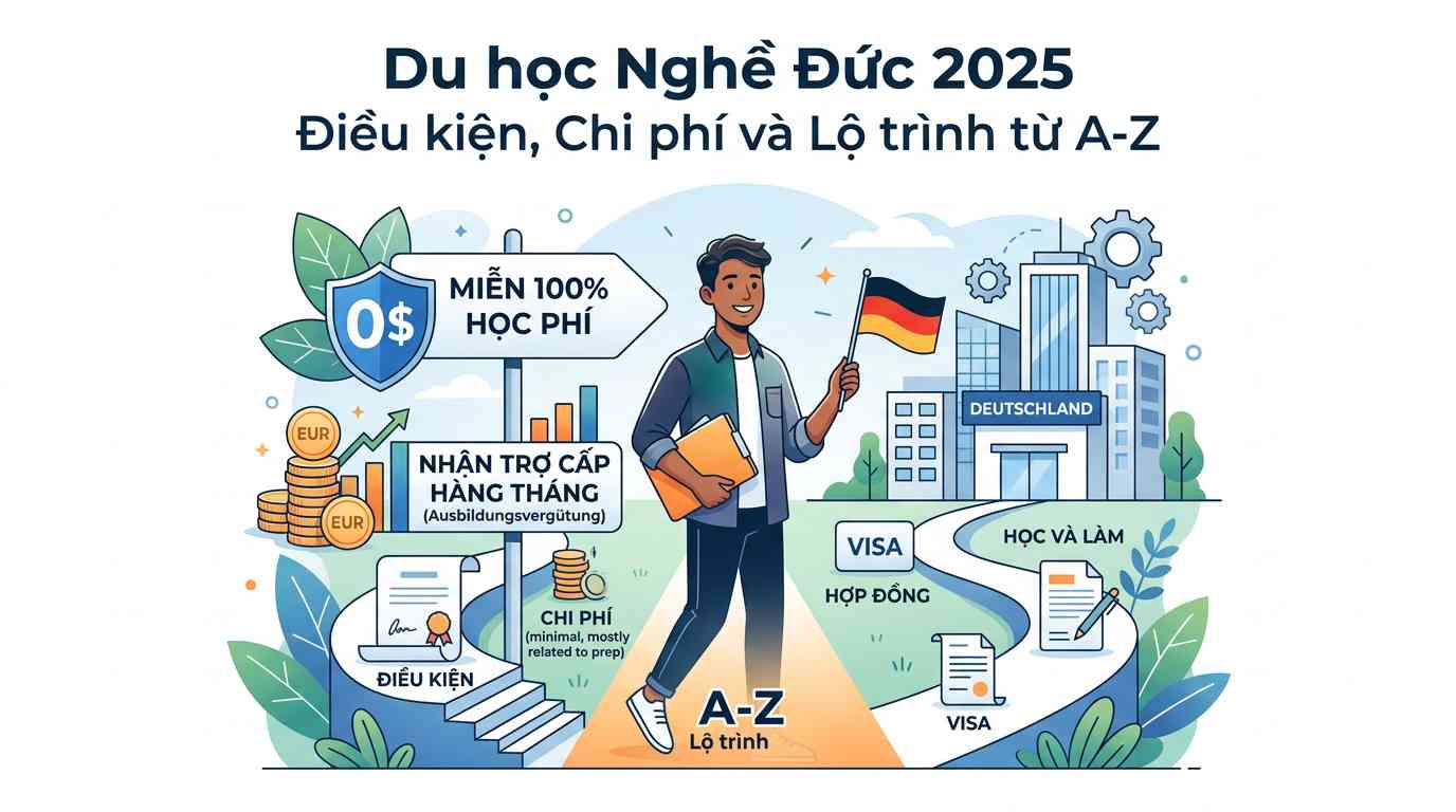 A professional, modern blog post illustration about: "Miễn 100% học phí và nhận trợ cấp hàng tháng (Ausbildungsvergütung)", clean vector art style, minimalist, concept illustration, corporate colors, matching the theme of "Du học Nghề Đức 2025: Điều kiện, Chi phí và Lộ trình từ A-Z"