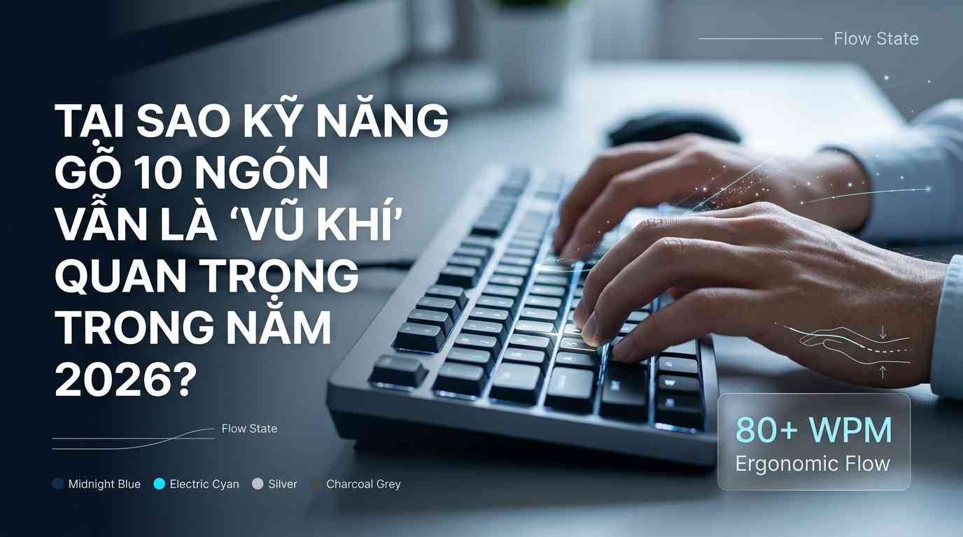 Create a premium Vietnamese editorial article illustration for the topic: "TẠI SAO KỸ NĂNG GÕ 10 NGÓN VẪN LÀ 'VŨ KHÍ' QUAN TRỌNG TRONG NĂM 2026?" Layout: 16:9 wide horizontal aspect ratio, clean editorial composition with a focus on negative space for readability. Background: A minimalist, high-end modern workspace with a soft-focus bokeh effect, featuring cool-toned ambient lighting. Main Visual: A sharp, professional close-up of a pair of hands in the correct "Home Row" position on a sleek, backlit mechanical keyboard. Subtle glowing highlights on the "F" and "J" keys to emphasize tactile homing bars. Faint, elegant digital light trails or data particles emanate from the fingertips to symbolize speed and muscle memory. Headline Placement: The headline "TẠI SAO KỸ NĂNG GÕ 10 NGÓN VẪN LÀ 'VŨ KHÍ' QUAN TRỌNG TRONG NĂM 2026?" is left-aligned, using a bold, modern sans-serif typography in crisp white. Info Boxes: A small, sophisticated semi-transparent glassmorphism box in the bottom-right corner displaying "80+ WPM" and "Ergonomic Flow" in a clean tech font. Supporting Graphics: Minimalist, thin vector lines illustrating the "Flow State" and ergonomic wrist alignment. Color Palette: A professional palette of Midnight Blue, Electric Cyan, Silver, and Charcoal Grey. Mood: Trustworthy, futuristic, highly efficient, and premium. Composition Rules: Rule of thirds, leading lines from the keyboard towards the text, shallow depth of field focusing on the tactile interaction between fingers and keys.