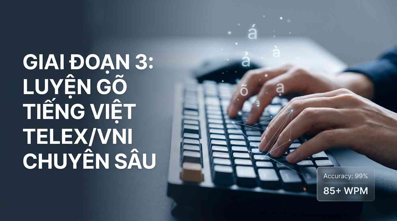 Create a premium Vietnamese editorial article illustration for the topic: "GIAI ĐOẠN 3: LUYỆN GÕ TIẾNG VIỆT TELEX/VNI CHUYÊN SÂU". Layout: 16:9 wide horizontal aspect ratio, clean editorial composition with balanced negative space. Background: A minimalist, high-end workspace with a soft-focus bokeh effect, featuring cool slate grey and deep navy tones. Main Visual: A dynamic, close-up shot of elegant hands in a perfect ergonomic position on a premium mechanical keyboard. Subtle, glowing digital particles or translucent Vietnamese tone marks like "á, à, ả, õ, ạ" float gracefully above the keys to symbolize the speed and flow of Telex/VNI typing. Headline Placement and Typography: The headline "GIAI ĐOẠN 3: LUYỆN GÕ TIẾNG VIỆT TELEX/VNI CHUYÊN SÂU" is left-aligned, using a bold, modern, white sans-serif typeface with clean kerning. Info Boxes: A small, sophisticated glassmorphism floating widget in the lower right corner displaying "Accuracy: 99%" and "85+ WPM" in a minimalist font. Subtle Vector Support Graphics: Fine, glowing geometric lines connecting the fingertips to the "F" and "J" home row keys, representing muscle memory and precision. Color Palette: A professional palette of Deep Navy, Electric Blue, and Crisp White with subtle Amber highlights for contrast. Mood: Focused, high-performance, trustworthy, and technologically advanced. Composition Rules: Rule of thirds, shallow depth of field focusing on the tactile texture of the keyboard keys, sharp focus on the hands, and a clean, uncluttered aesthetic.