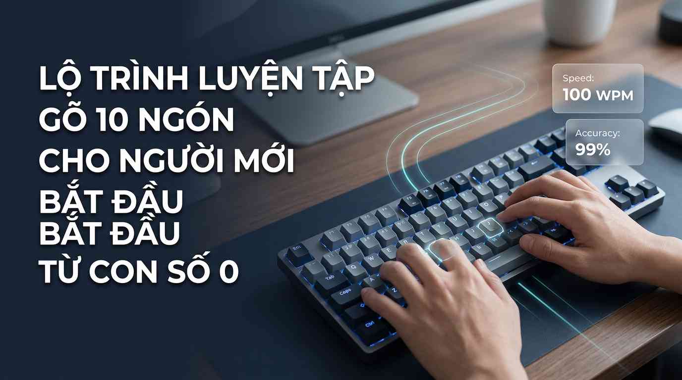 Create a premium Vietnamese editorial article illustration for the topic: "LỘ TRÌNH LUYỆN TẬP GÕ 10 NGÓN CHO NGƯỜI MỚI BẮT ĐẦU TỪ CON SỐ 0". Layout: wide horizontal 16:9 aspect ratio editorial banner. Background: a clean, minimalist modern workspace with soft-focus bokeh, featuring a high-end wooden desk and a hint of a sleek monitor in the distance. Main visual: a high-angle close-up of a premium backlit mechanical keyboard with a pair of hands positioned in the perfect "Home Row" touch-typing posture; the 'F' and 'J' keys have a subtle, elegant glowing highlight to emphasize tactile markers. Info boxes: two small, translucent glassmorphism cards on the right side displaying "Speed: 100 WPM" and "Accuracy: 99%" in clean, minimal typography. Headline placement: the title "LỘ TRÌNH LUYỆN TẬP GÕ 10 NGÓN CHO NGƯỜI MỚI BẮT ĐẦU TỪ CON SỐ 0" is left-aligned in the upper-left quadrant, using a bold, modern white sans-serif typeface with premium kerning and a subtle drop shadow for readability. Supporting graphics: faint, glowing cyan vector lines forming a "roadmap" arc from the hands toward the background, symbolizing progress and muscle memory. Color palette: a sophisticated blend of deep navy, slate grey, and crisp white, accented with electric blue and soft teal highlights. Mood: trustworthy, professional, high-tech, and empowering. Composition rules: Rule of Thirds, with the keyboard as the focal point on the right and the headline on the left, maintaining a clean, balanced, and premium editorial aesthetic.